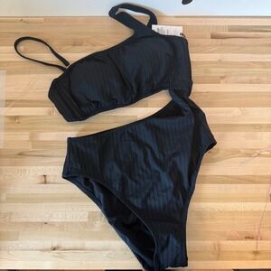 Shade & Shore Black One Shoulder‎ Cutout Ribbed Cheeky One Piece Swimsuit